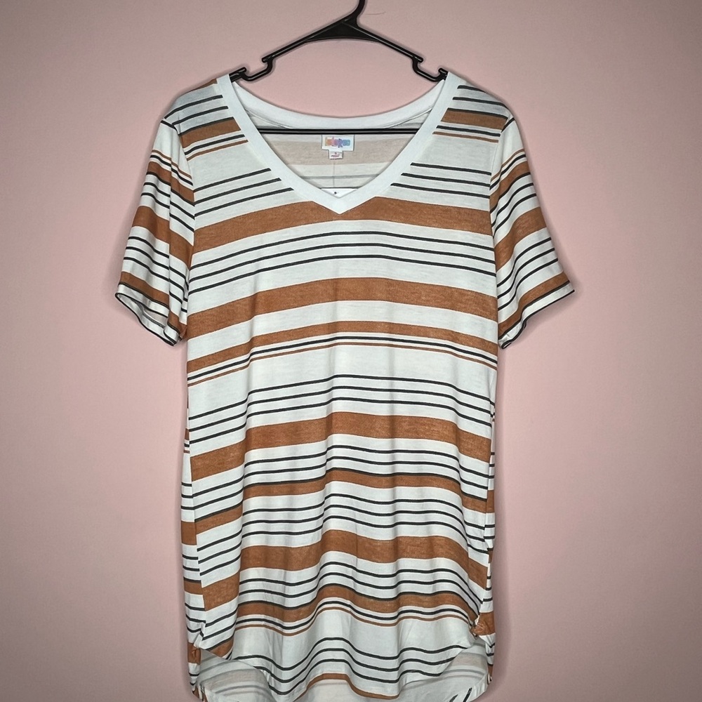 NWT LuLaRoe Iris Brown and White Striped V-Neck Tee